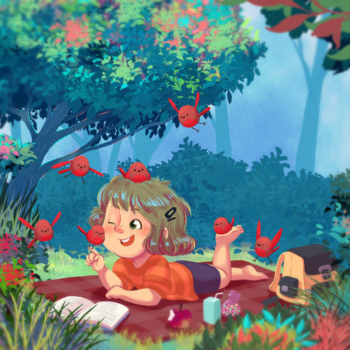 Girl, book, birds, lunch